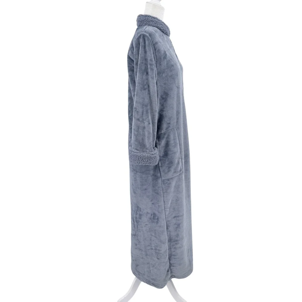 Natori Slate Blue Plush Faux Fur Half Zip Long Robe Sherpa Trim Size M Cozy Warm